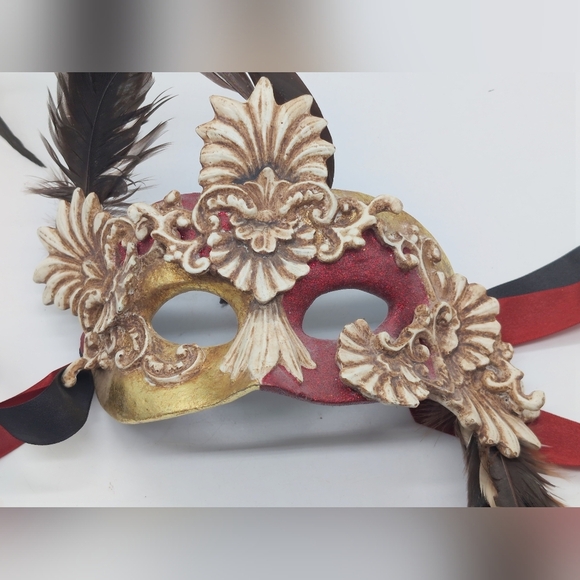 Katherine's Collection Ceramic Gold and Red Feathered Masquerade Mask - Picture 6 of 6